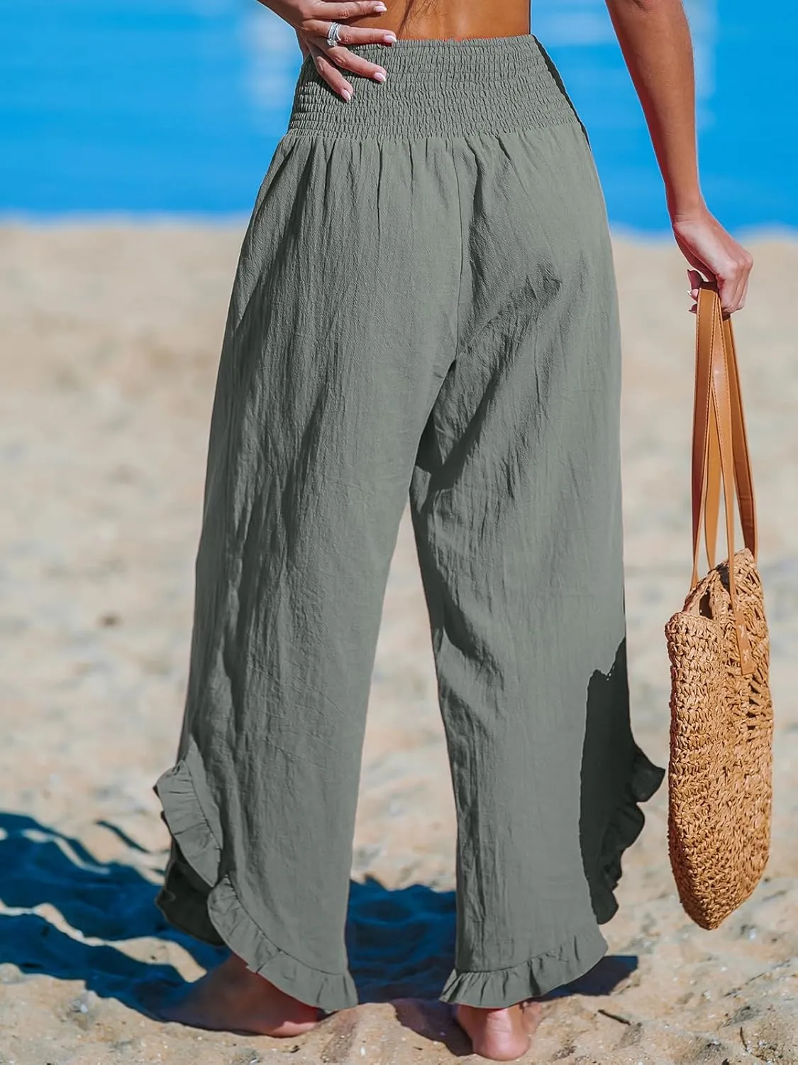 CUPSHE Women Pants Smocked Waist Straight Leg Ruffle Cuffs Loose Fit Pant Casual Beach