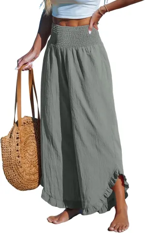 CUPSHE Women Pants Smocked Waist Straight Leg Ruffle Cuffs Loose Fit Pant Casual Beach