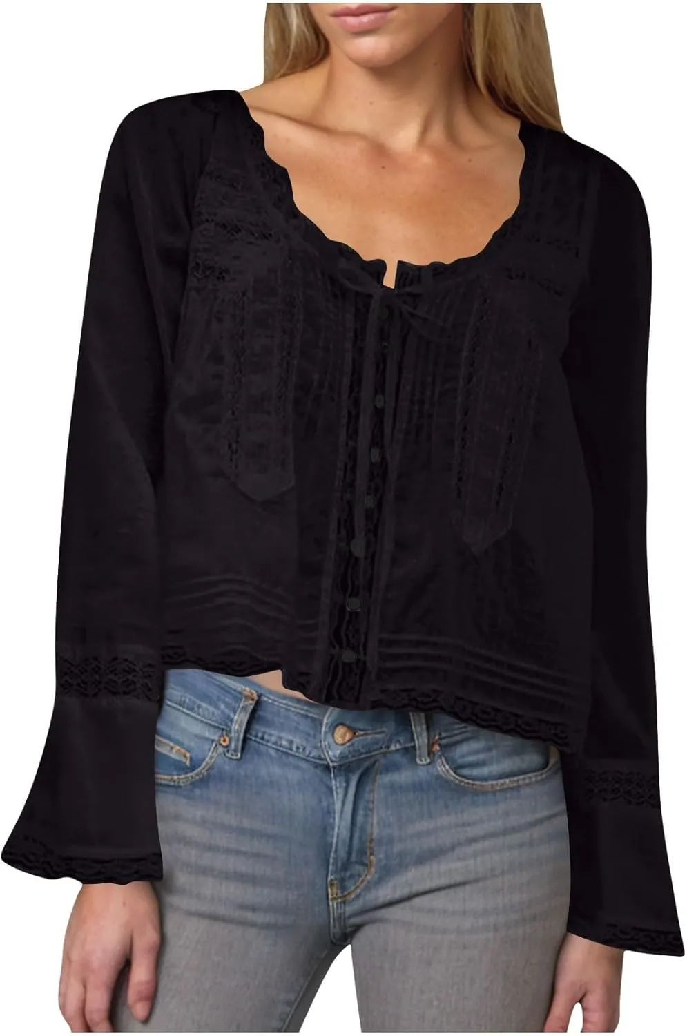 Cute Boho Lace Trim Shirts Women Summer Button Down Beach Crop Tops Casual Long Sleeve Tie Front Neck Y2k Clothes