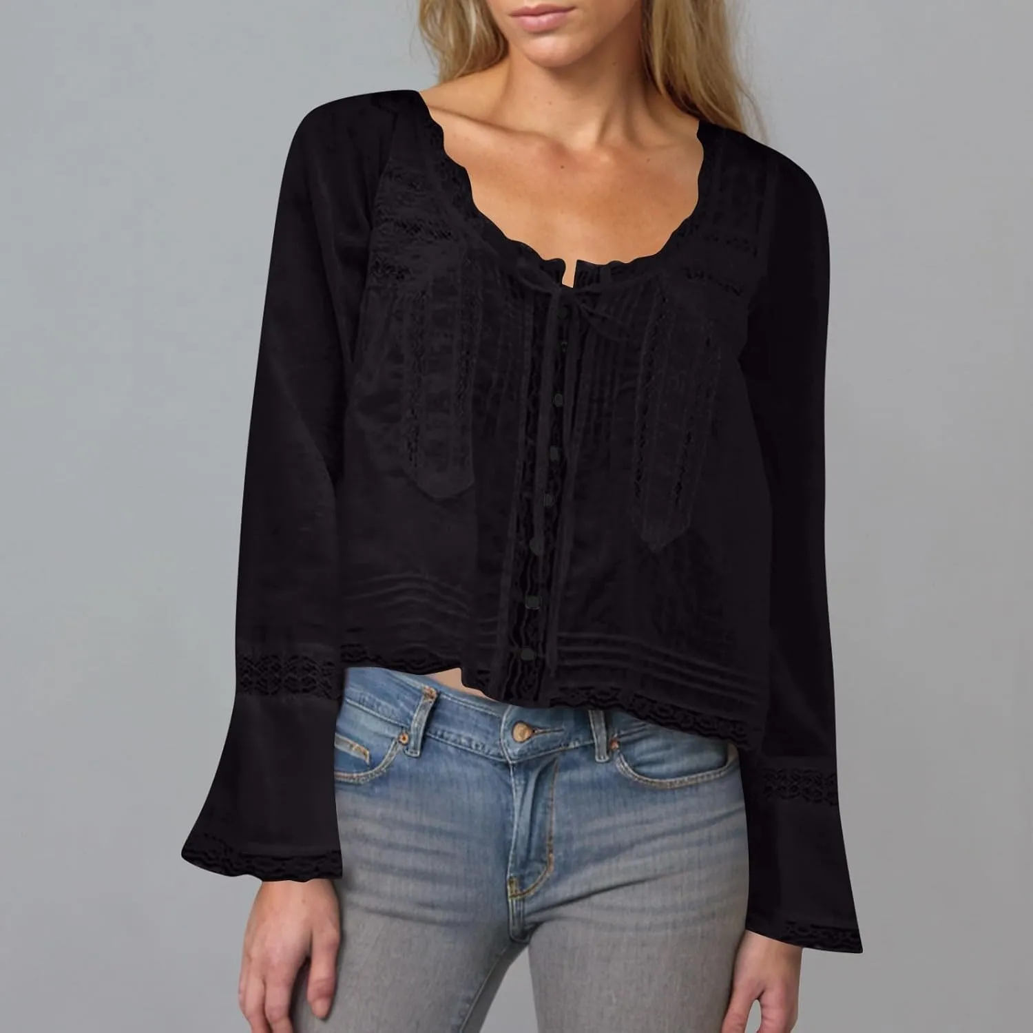 Cute Boho Lace Trim Shirts Women Summer Button Down Beach Crop Tops Casual Long Sleeve Tie Front Neck Y2k Clothes