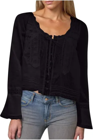 Cute Boho Lace Trim Shirts Women Summer Button Down Beach Crop Tops Casual Long Sleeve Tie Front Neck Y2k Clothes