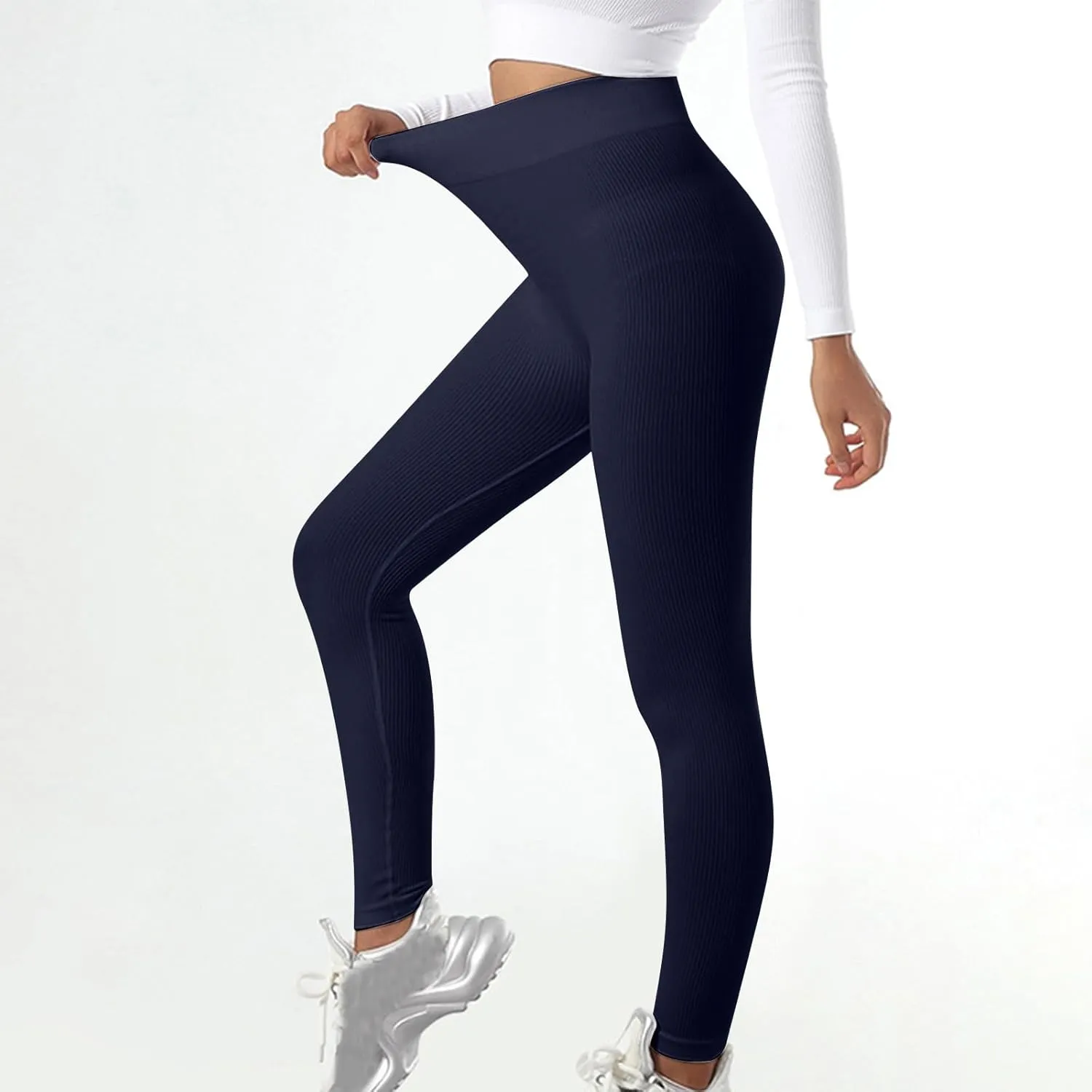 DASAYO Women's Gym Leggings Tummy Control Stretchy High Waisted Ribbed Yoga Pants Full Length Exercise Workout Bottoms
