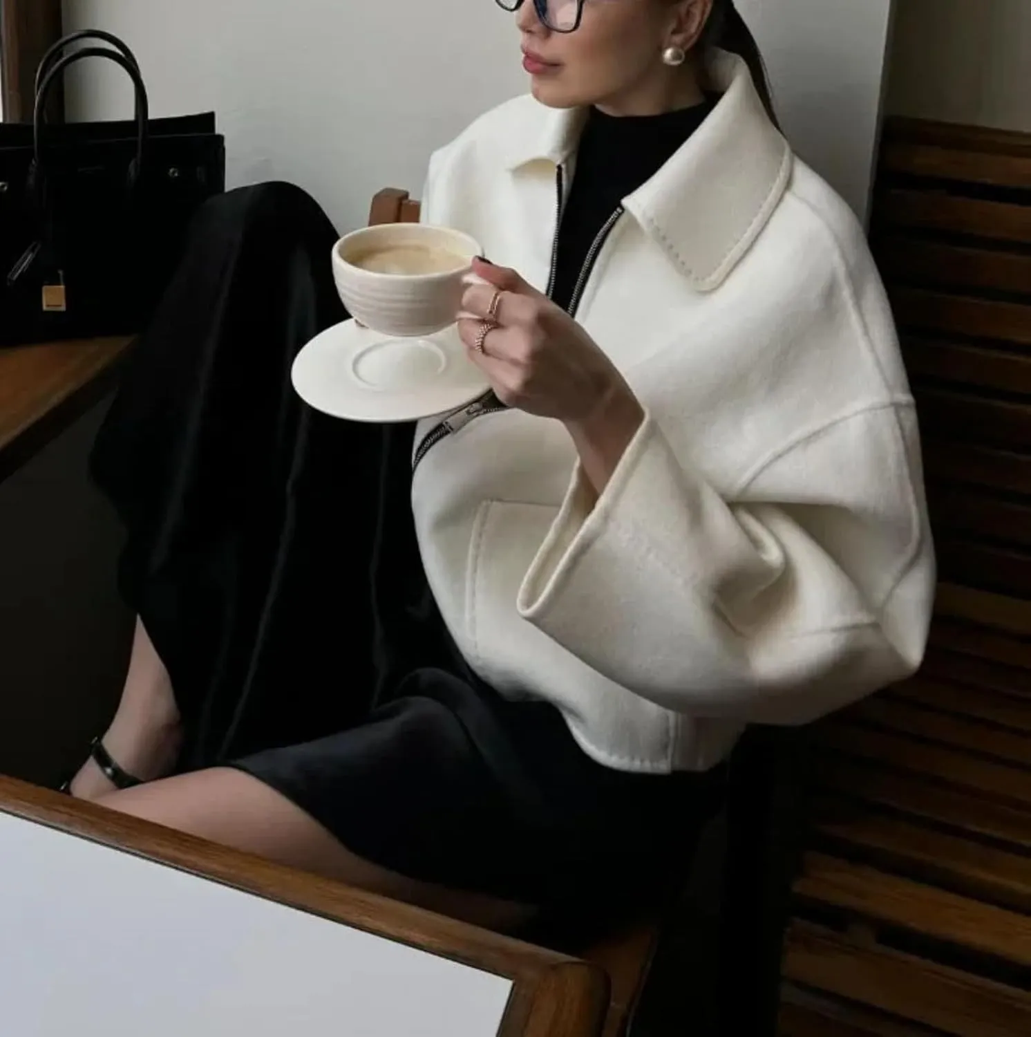 Dawery Elegant White Wool Blends Crop Coats Women Lapel Zipper Long Sleeve Pocket Jacket Autumn Lady Office Outerwears