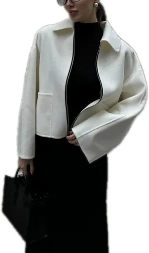 Dawery Elegant White Wool Blends Crop Coats Women Lapel Zipper Long Sleeve Pocket Jacket Autumn Lady Office Outerwears