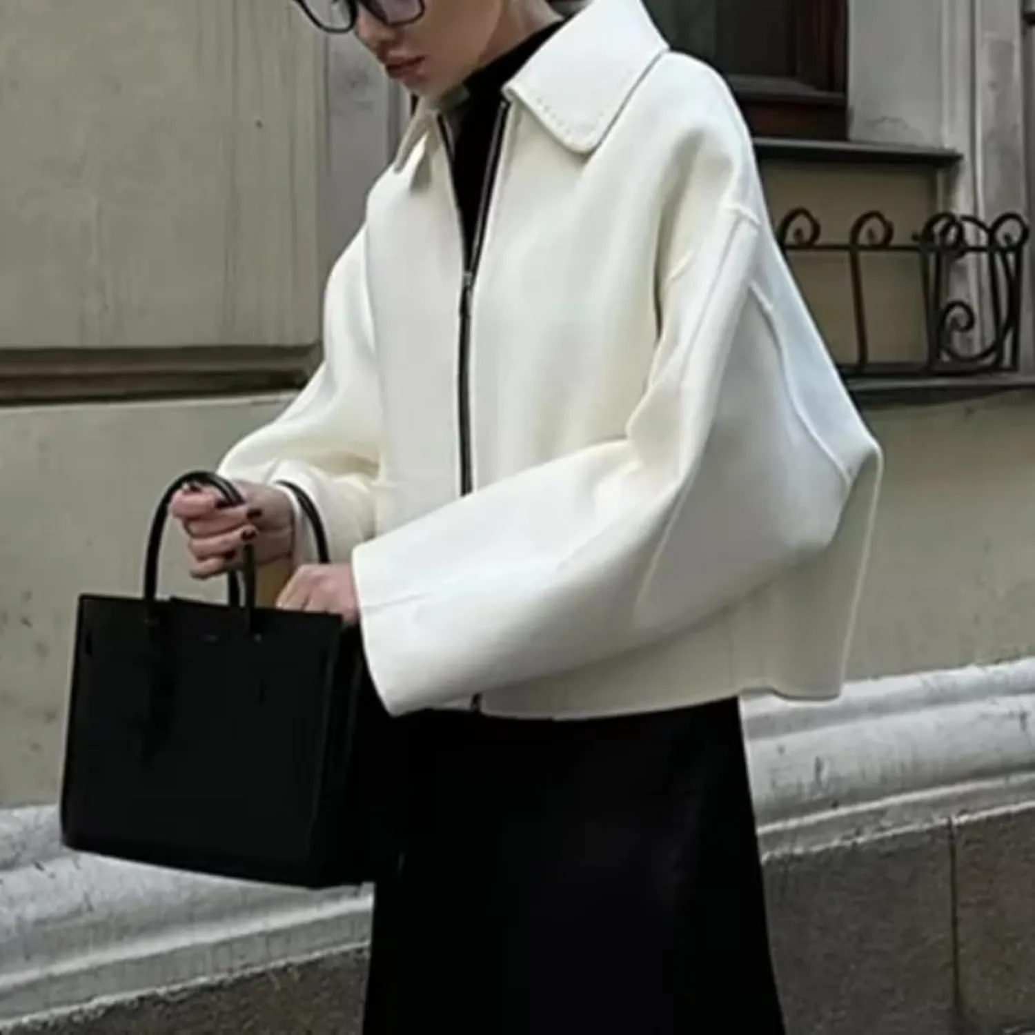 Dawery Elegant White Wool Blends Crop Coats Women Lapel Zipper Long Sleeve Pocket Jacket Autumn Lady Office Outerwears