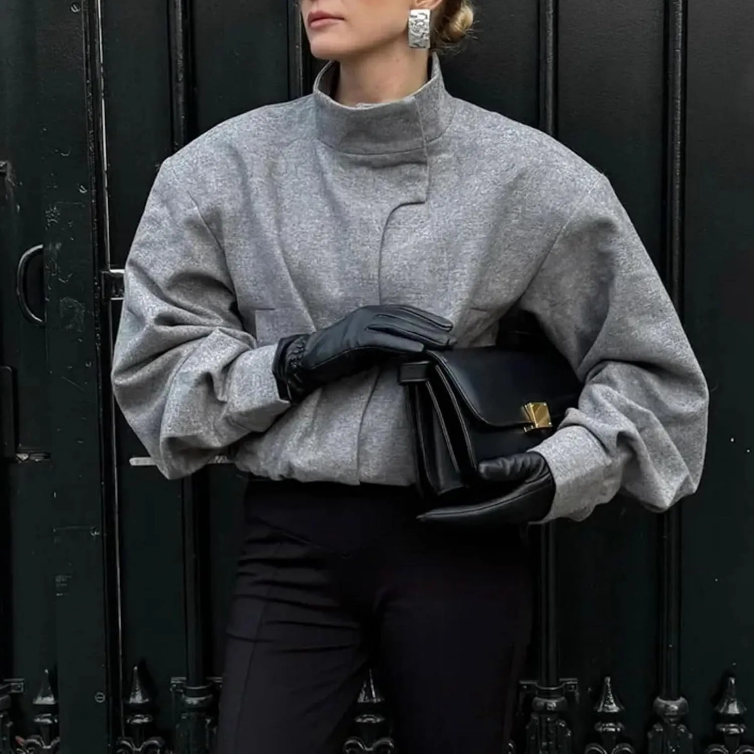 Dawery Women Solid Stand Collar Wool Blends Bomber Jacket Long Sleeve Cropped Coat Autumn Casual Lady Commute Outwears