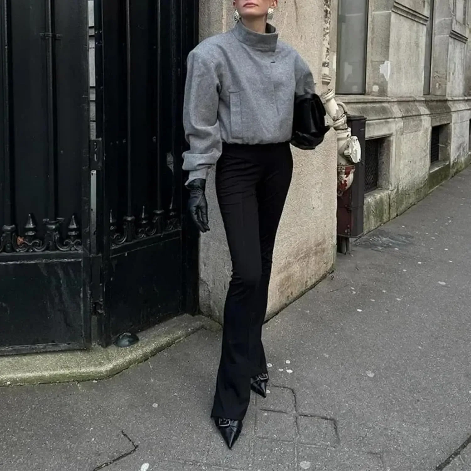 Dawery Women Solid Stand Collar Wool Blends Bomber Jacket Long Sleeve Cropped Coat Autumn Casual Lady Commute Outwears