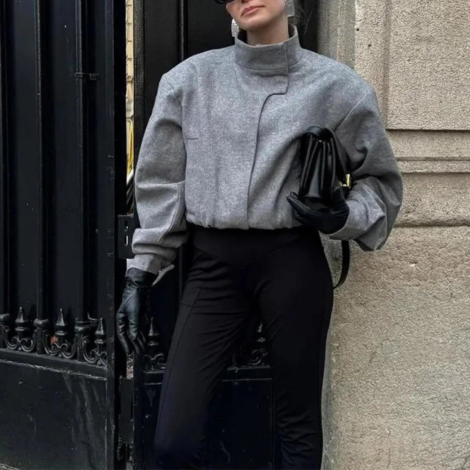 Dawery Women Solid Stand Collar Wool Blends Bomber Jacket Long Sleeve Cropped Coat Autumn Casual Lady Commute Outwears