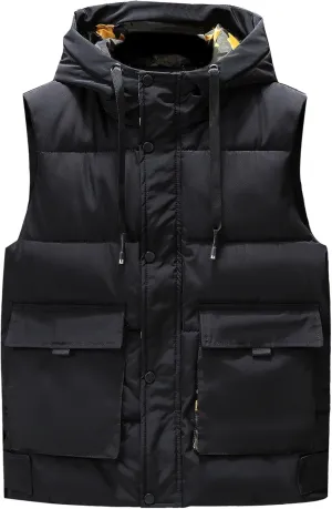 DGHM-JLMY Men Winter Thickening Tooling Hooded Down Vest Fashion Outdoor Hooded Puffer Cargo Vest Warm Down Coats Vest Pocket