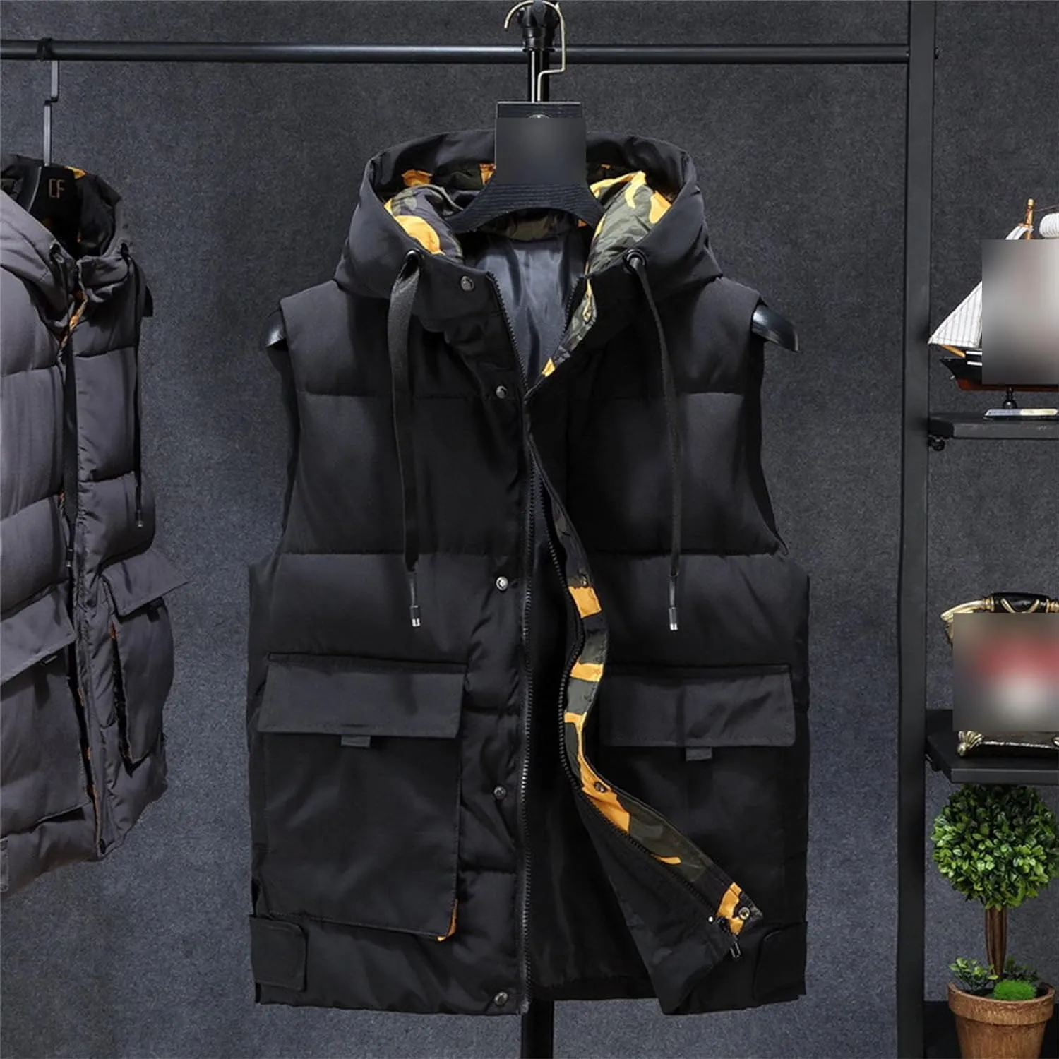 DGHM-JLMY Men Winter Thickening Tooling Hooded Down Vest Fashion Outdoor Hooded Puffer Cargo Vest Warm Down Coats Vest Pocket