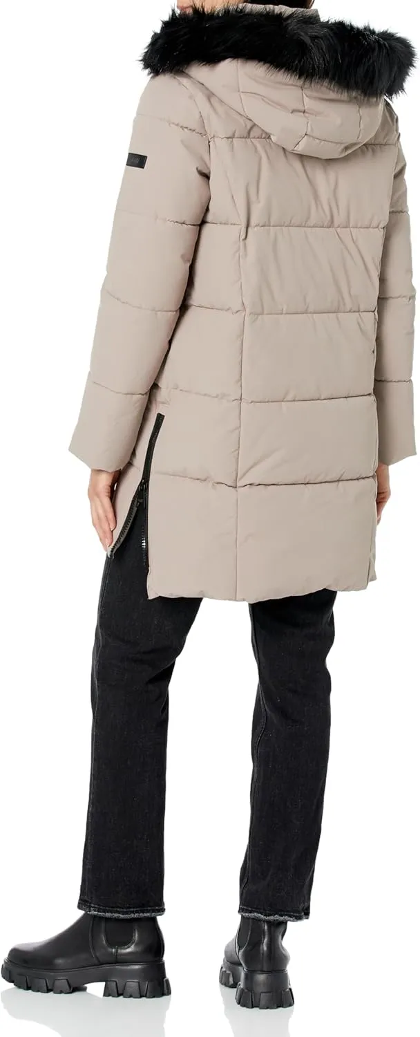 DKNY Women's Faux Fur Hood Long Down Puffer Coat