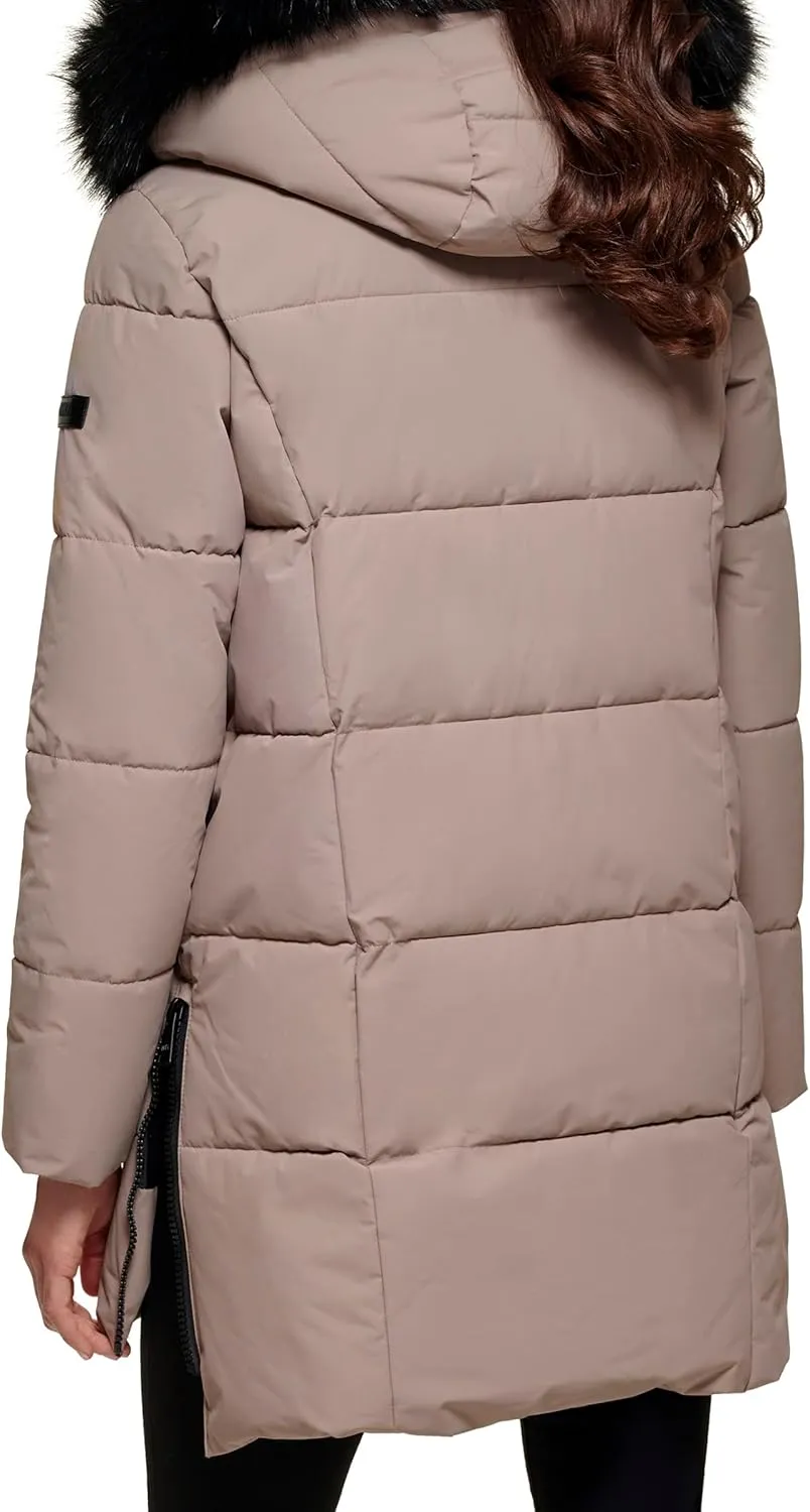 DKNY Women's Faux Fur Hood Long Down Puffer Coat