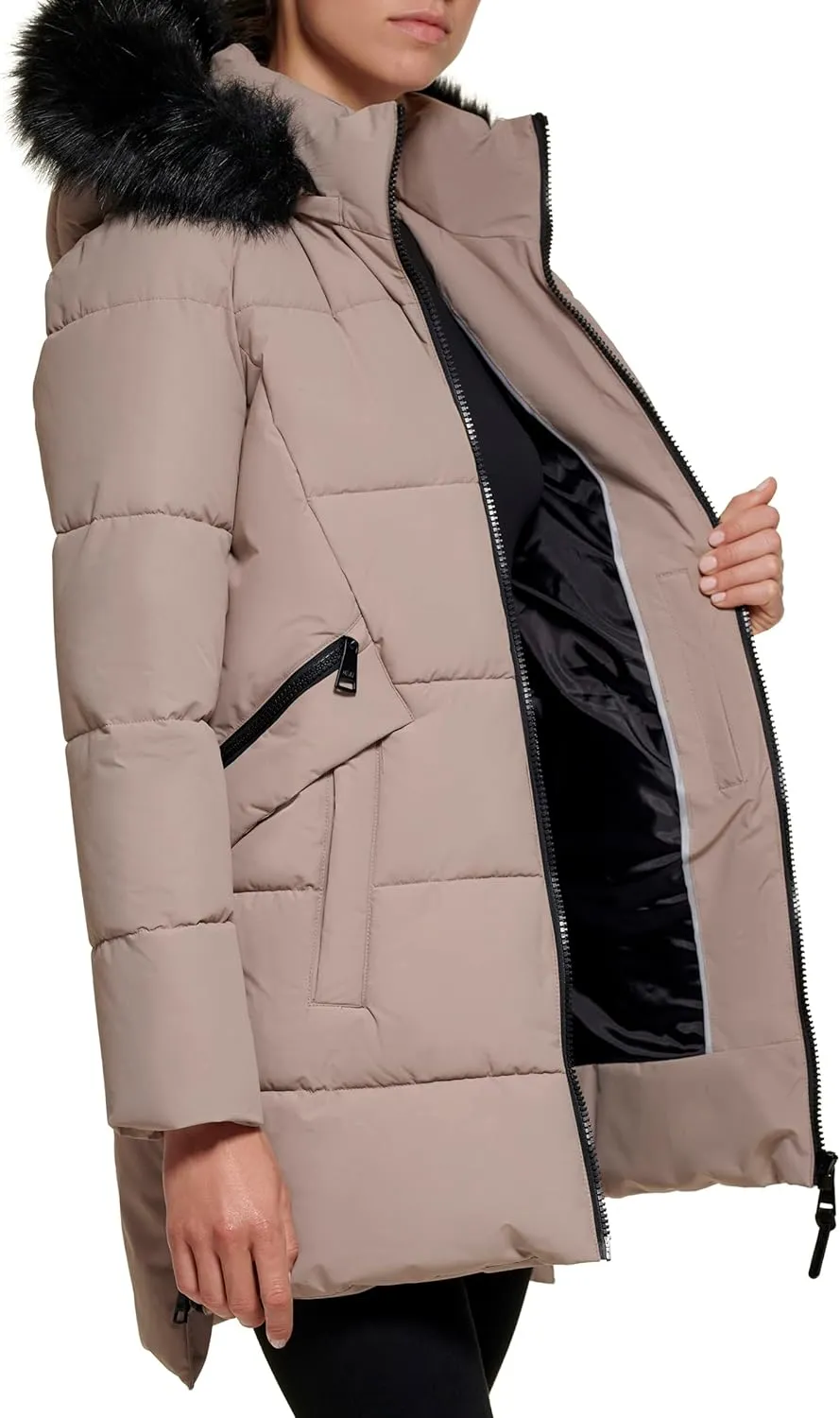 DKNY Women's Faux Fur Hood Long Down Puffer Coat