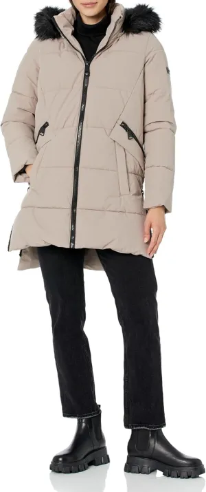 DKNY Women's Faux Fur Hood Long Down Puffer Coat