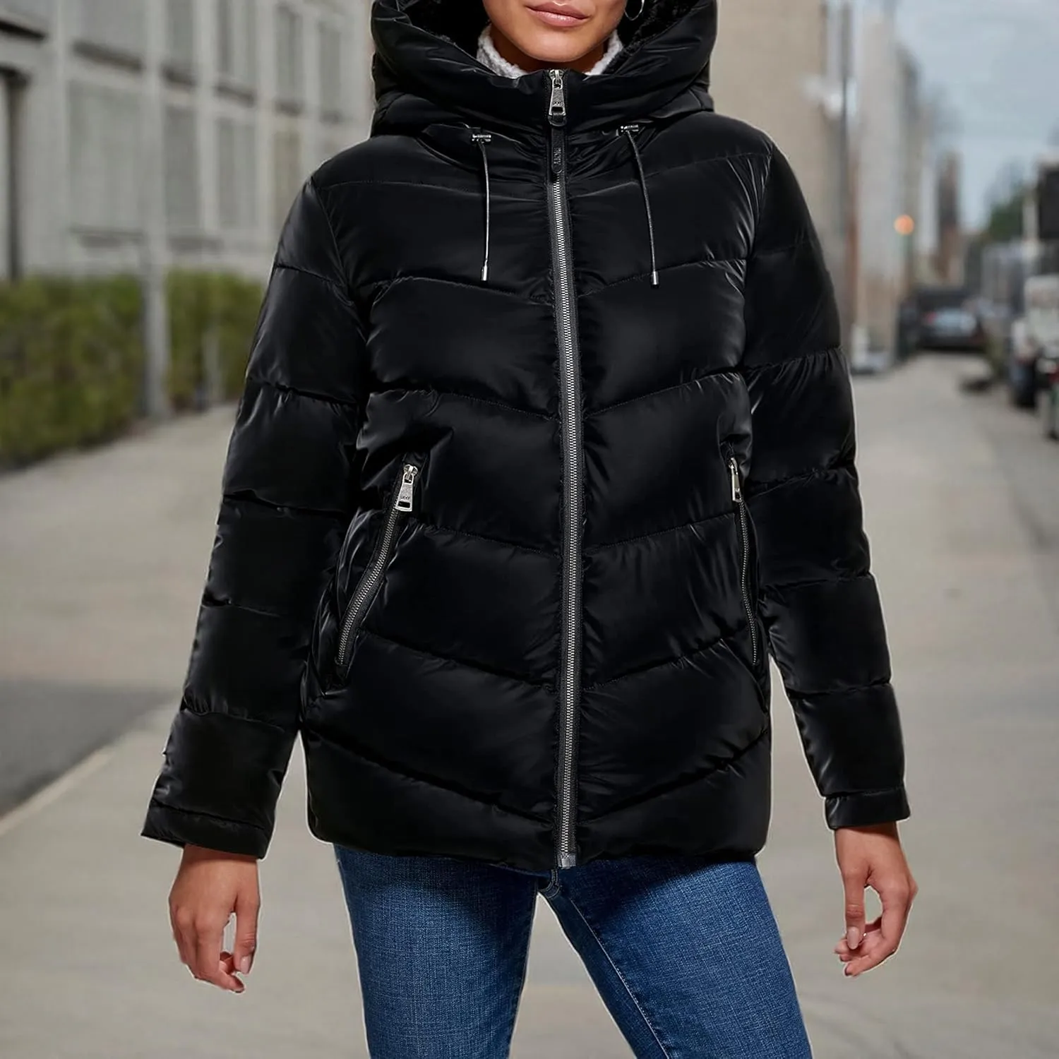 DKNY Women's Faux Fur Trim Hood Down Puffer Coat