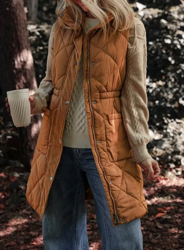 Dokotoo Women's Casual Winter Long Puffer Vest Stand Collar Sleeveless Puffy Jackets Coat with Pockets
