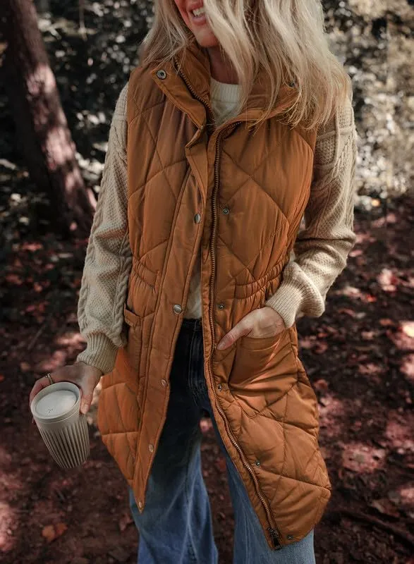 Dokotoo Women's Casual Winter Long Puffer Vest Stand Collar Sleeveless Puffy Jackets Coat with Pockets