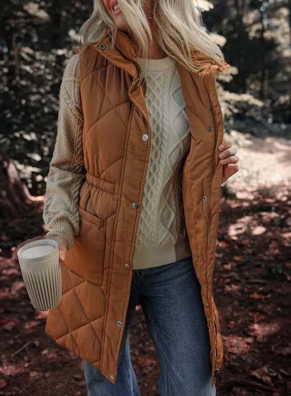 Dokotoo Women's Casual Winter Long Puffer Vest Stand Collar Sleeveless Puffy Jackets Coat with Pockets