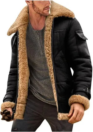 evzosrz Men's Bomber Jackets Faux Leather Sherpa Fleece Lined Suede Jackets Heavyweight Fur Overcoats Vintage Winter Coats