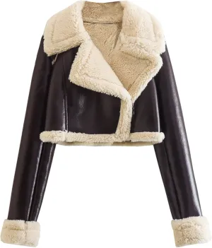 Faux Leather Jacket for Women Cropped Sherpa Lined Jacket Coat Faux Shearing Fur Warm Coat Thicken Fleece Lined Parka