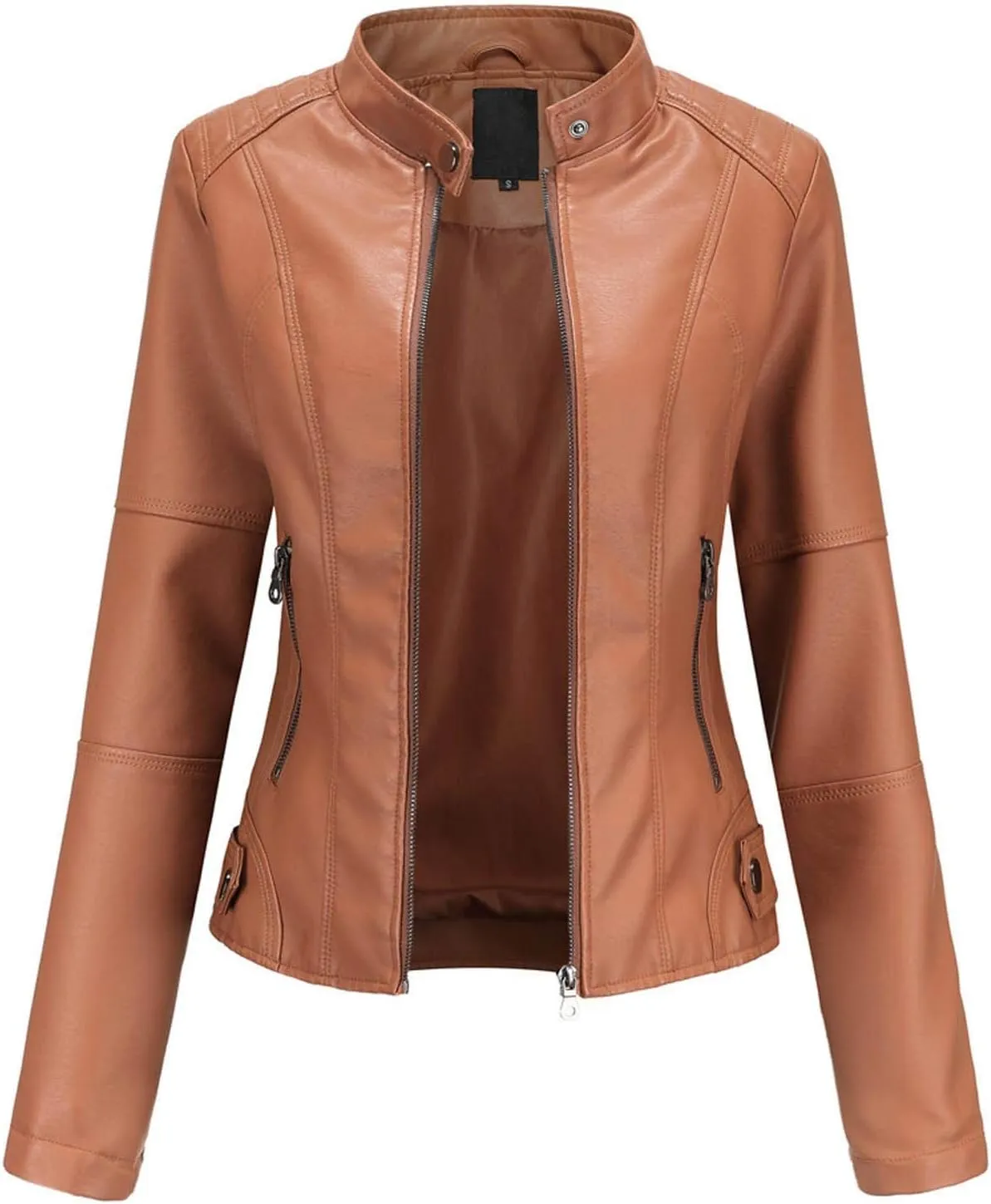 Faux Leather Jacket for Women Zip Up Coat Standing Collar Cardigan Jackets PU Moto Biker Jacket Overcoat Slim Fit