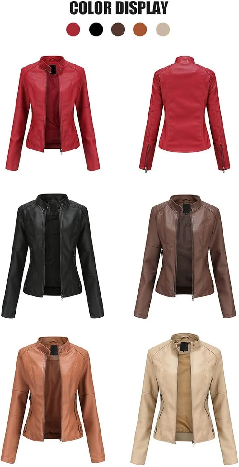 Faux Leather Jacket for Women Zip Up Coat Standing Collar Cardigan Jackets PU Moto Biker Jacket Overcoat Slim Fit