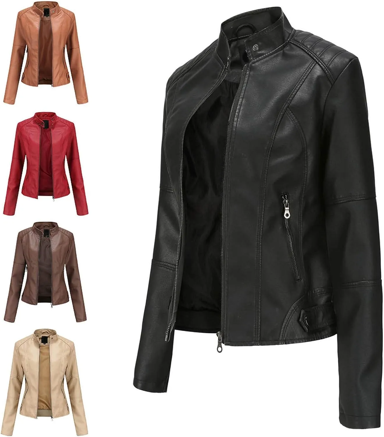 Faux Leather Jacket for Women Zip Up Coat Standing Collar Cardigan Jackets PU Moto Biker Jacket Overcoat Slim Fit