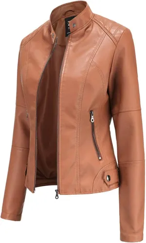 Faux Leather Jacket for Women Zip Up Coat Standing Collar Cardigan Jackets PU Moto Biker Jacket Overcoat Slim Fit