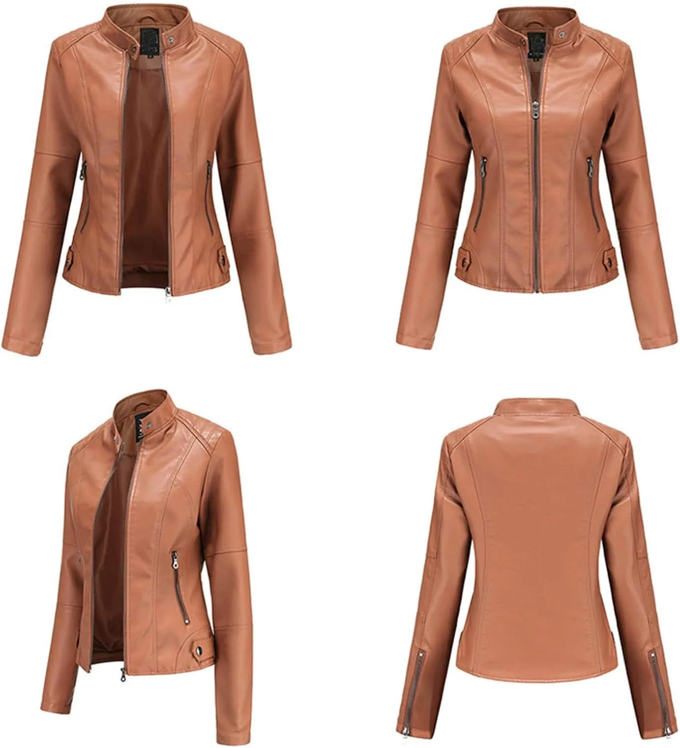 Faux Leather Jacket for Women Zip Up Coat Standing Collar Cardigan Jackets PU Moto Biker Jacket Overcoat Slim Fit