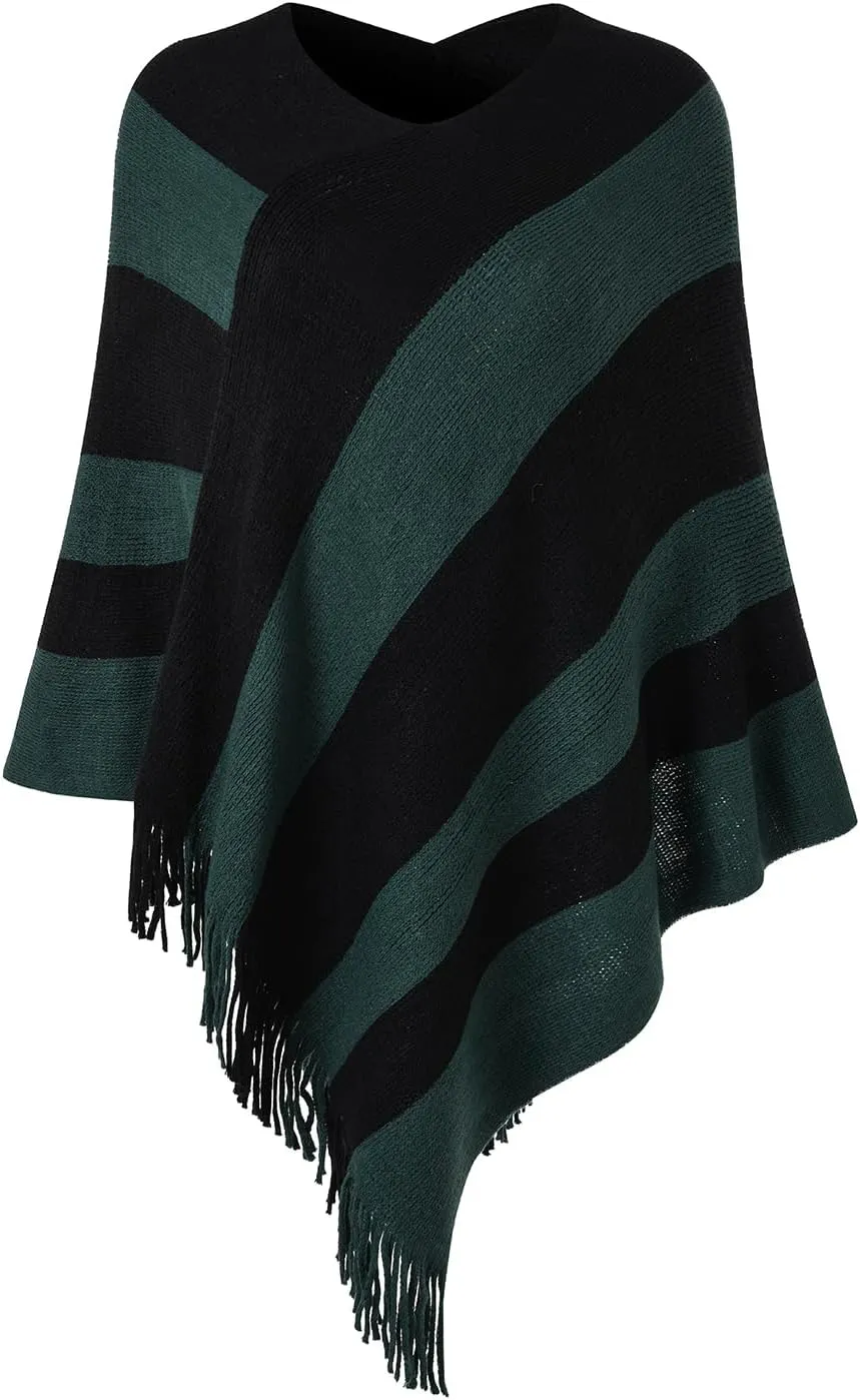 Ferand Women's Striped Poncho Sweater Cozy Knit Fringe Shawl Wraps for Fall Winter