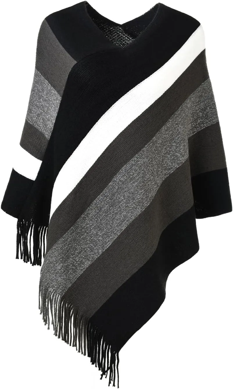 Ferand Women's Striped Poncho Sweater Cozy Knit Fringe Shawl Wraps for Fall Winter