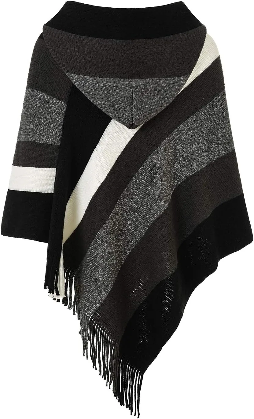 Ferand Women's Striped Poncho Sweater Cozy Knit Fringe Shawl Wraps for Fall Winter
