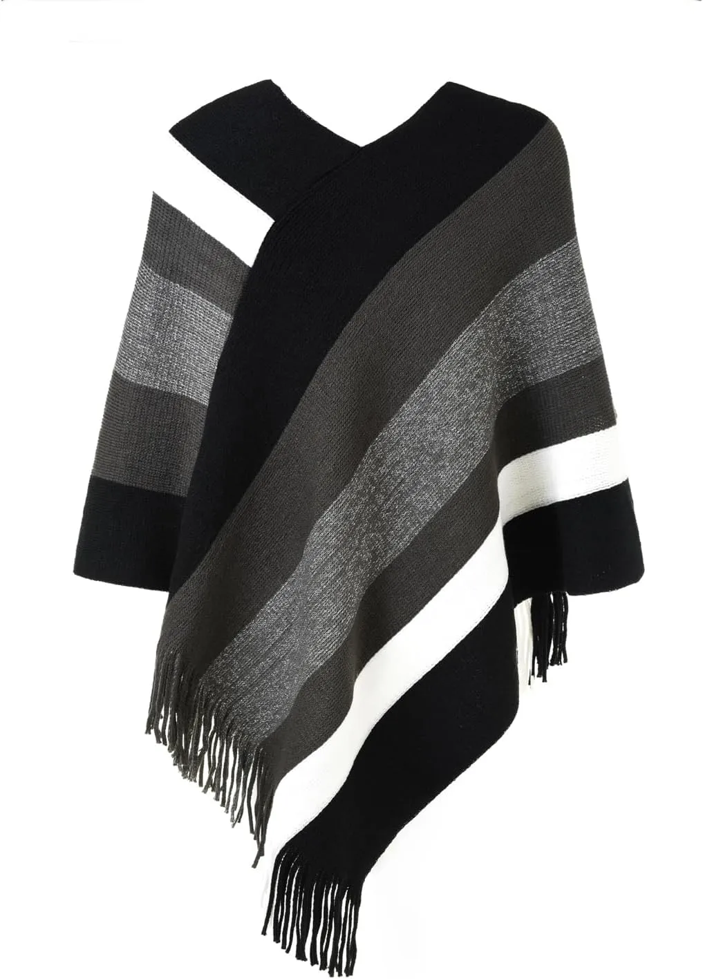 Ferand Women's Striped Poncho Sweater Cozy Knit Fringe Shawl Wraps for Fall Winter
