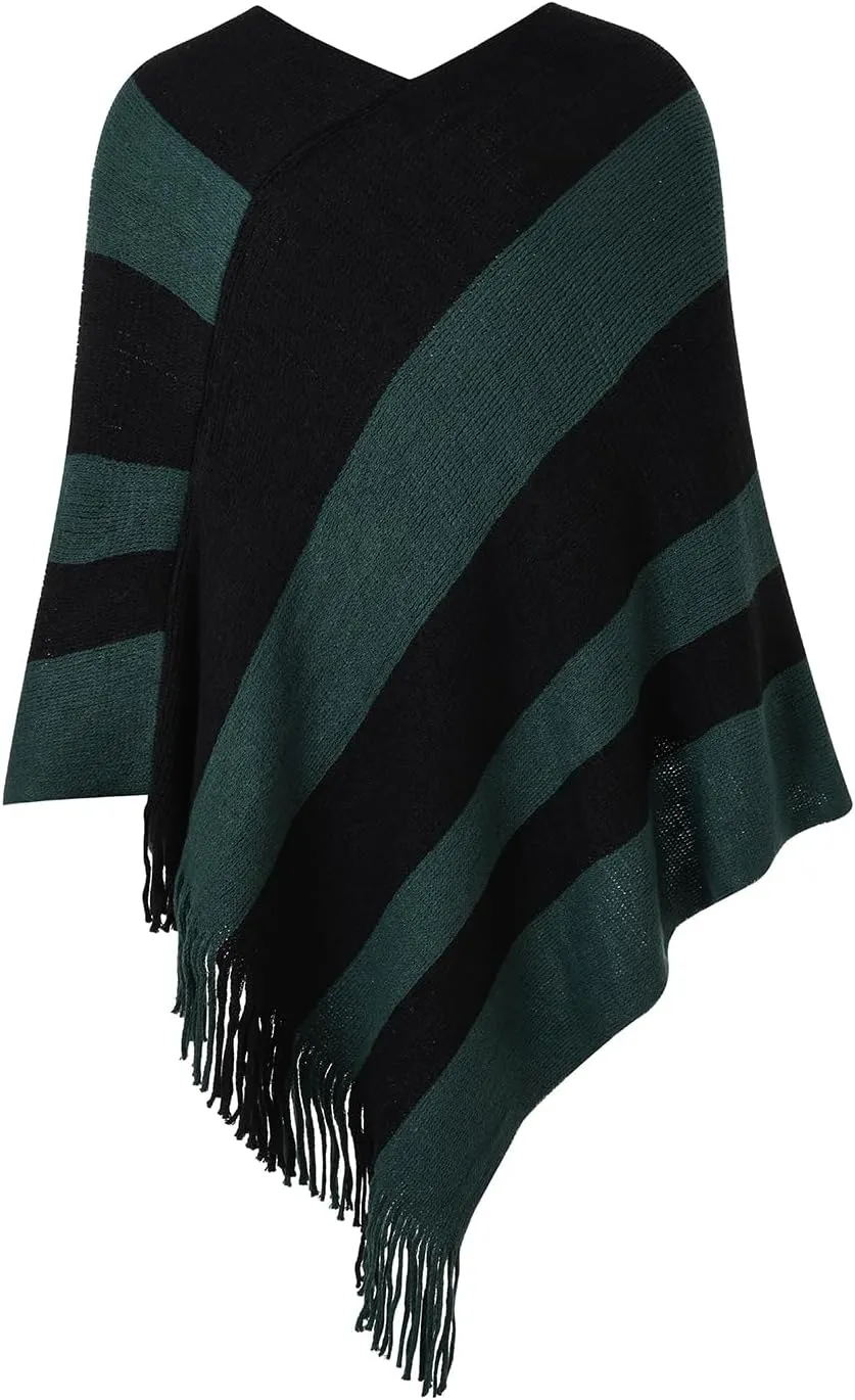 Ferand Women's Striped Poncho Sweater Cozy Knit Fringe Shawl Wraps for Fall Winter