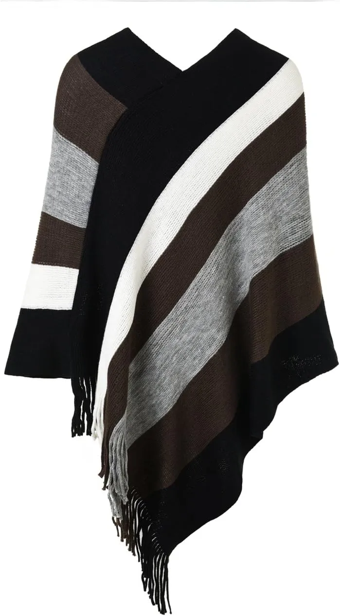 Ferand Women's Striped Poncho Sweater Cozy Knit Fringe Shawl Wraps for Fall Winter