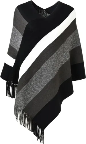 Ferand Women's Striped Poncho Sweater Cozy Knit Fringe Shawl Wraps for Fall Winter