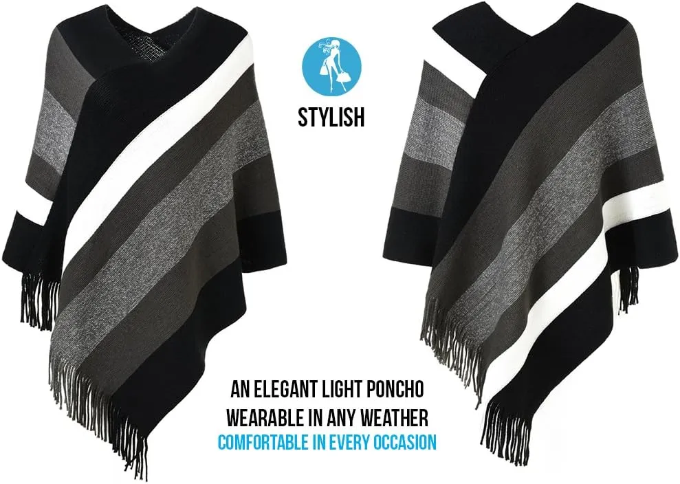 Ferand Women's Striped Poncho Sweater Cozy Knit Fringe Shawl Wraps for Fall Winter