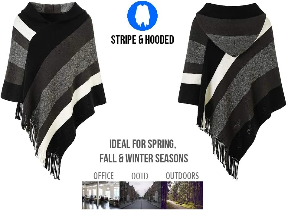 Ferand Women's Striped Poncho Sweater Cozy Knit Fringe Shawl Wraps for Fall Winter