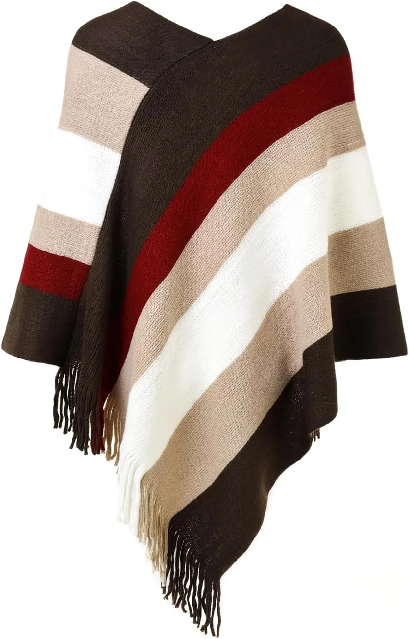 Ferand Women's Striped Poncho Sweater Cozy Knit Fringe Shawl Wraps for Fall Winter
