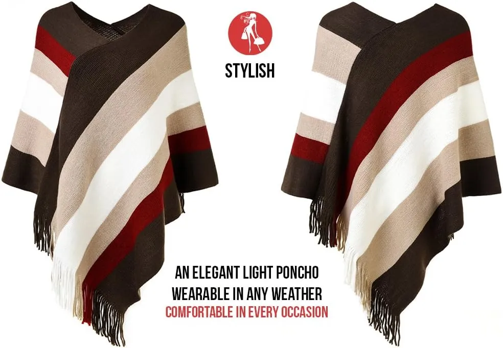 Ferand Women's Striped Poncho Sweater Cozy Knit Fringe Shawl Wraps for Fall Winter