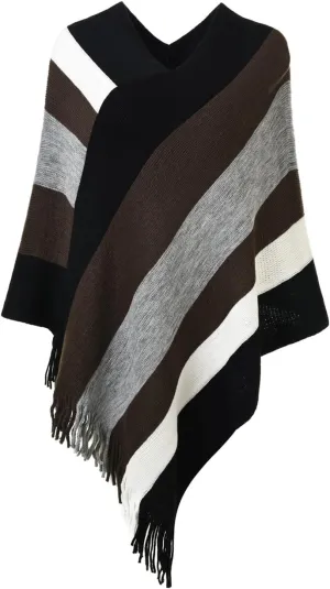 Ferand Women's Striped Poncho Sweater Cozy Knit Fringe Shawl Wraps for Fall Winter
