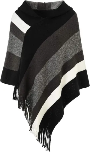 Ferand Women's Striped Poncho Sweater Cozy Knit Fringe Shawl Wraps for Fall Winter