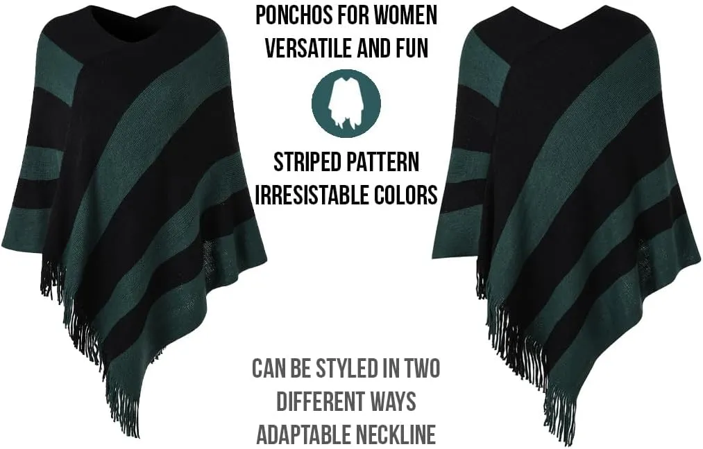 Ferand Women's Striped Poncho Sweater Cozy Knit Fringe Shawl Wraps for Fall Winter