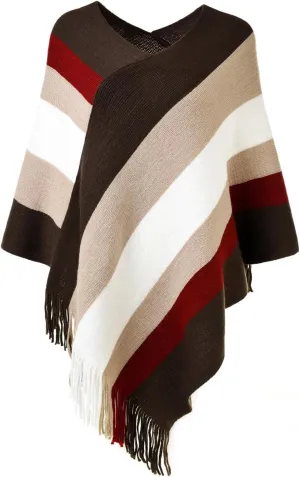 Ferand Women's Striped Poncho Sweater Cozy Knit Fringe Shawl Wraps for Fall Winter