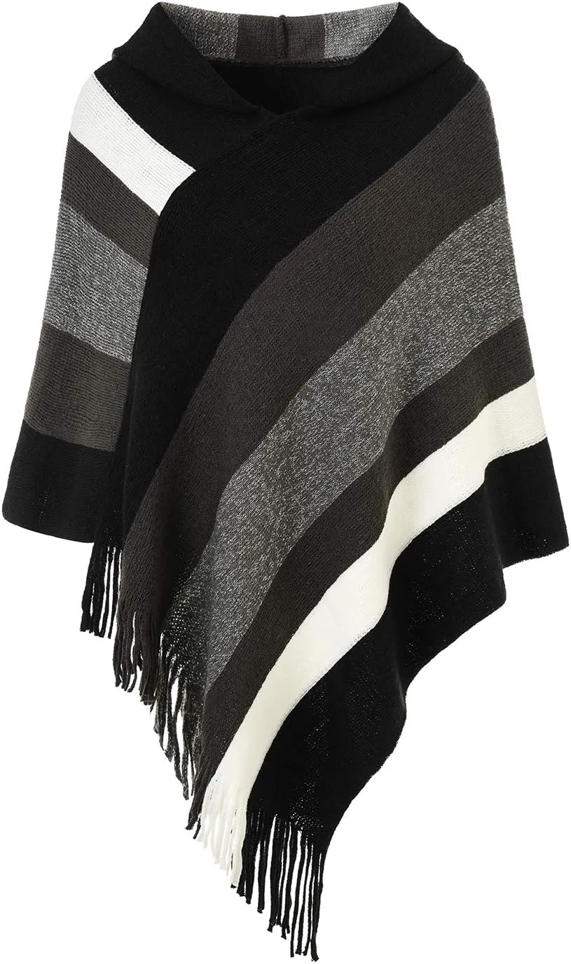 Ferand Women's Striped Poncho Sweater Cozy Knit Fringe Shawl Wraps for Fall Winter