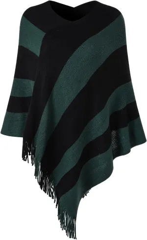 Ferand Women's Striped Poncho Sweater Cozy Knit Fringe Shawl Wraps for Fall Winter
