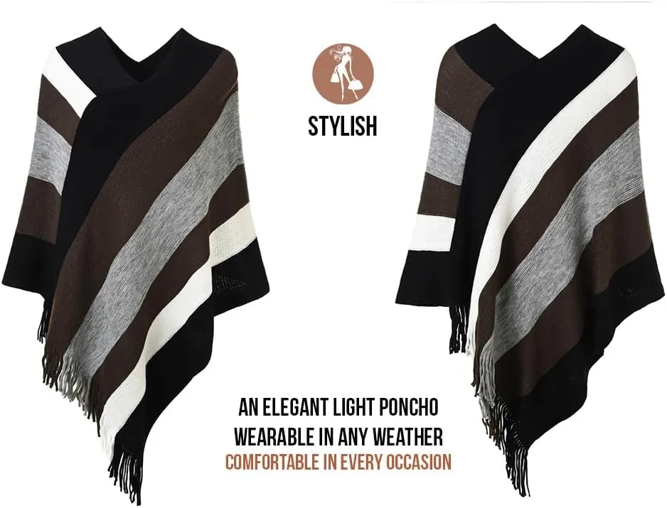 Ferand Women's Striped Poncho Sweater Cozy Knit Fringe Shawl Wraps for Fall Winter