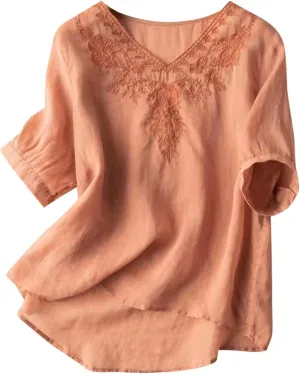 Firzero Cotton Linen Tops for Women Summer 3/4 Sleeve Vintage Embroidery Shirts Casual Loose Tunic Tee Floral Printed Blouses, Medium