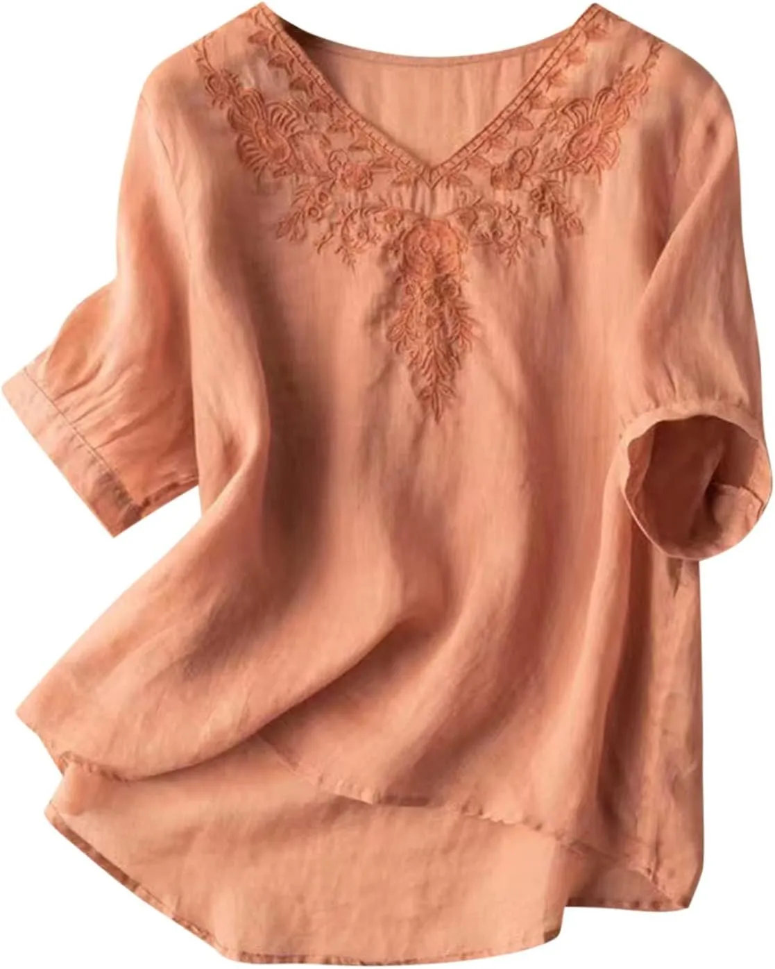 Firzero Cotton Linen Tops for Women Summer 3/4 Sleeve Vintage Embroidery Shirts Casual Loose Tunic Tee Floral Printed Blouses, Medium