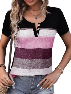 Flamingals Womens Short Sleeve Summer T Shirt Scoop Neck Colorblock Button Front Casual Trendy Tops